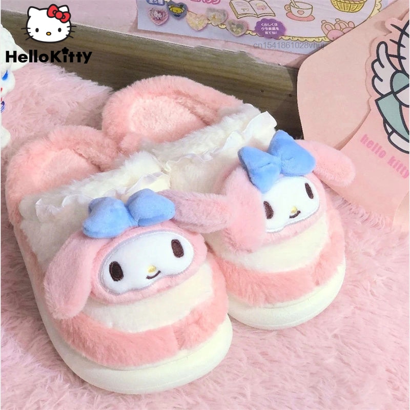 Sanrio Hello Kitty My Melody Plush Home Slippers Women Winter Warm Closed Fluffy Fur Slippers Cute - My Melody Plush