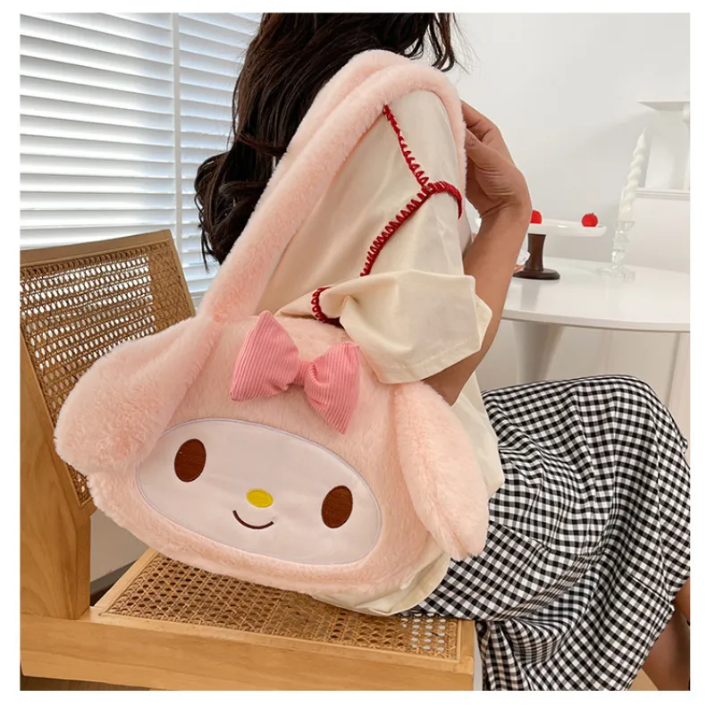 Kawaii Sanrio Plush Cinnamoroll Melody Kuromi Women Tote Handbags Shoulder Bags Fashion Female Messenger Bags Purses - My Melody Plush