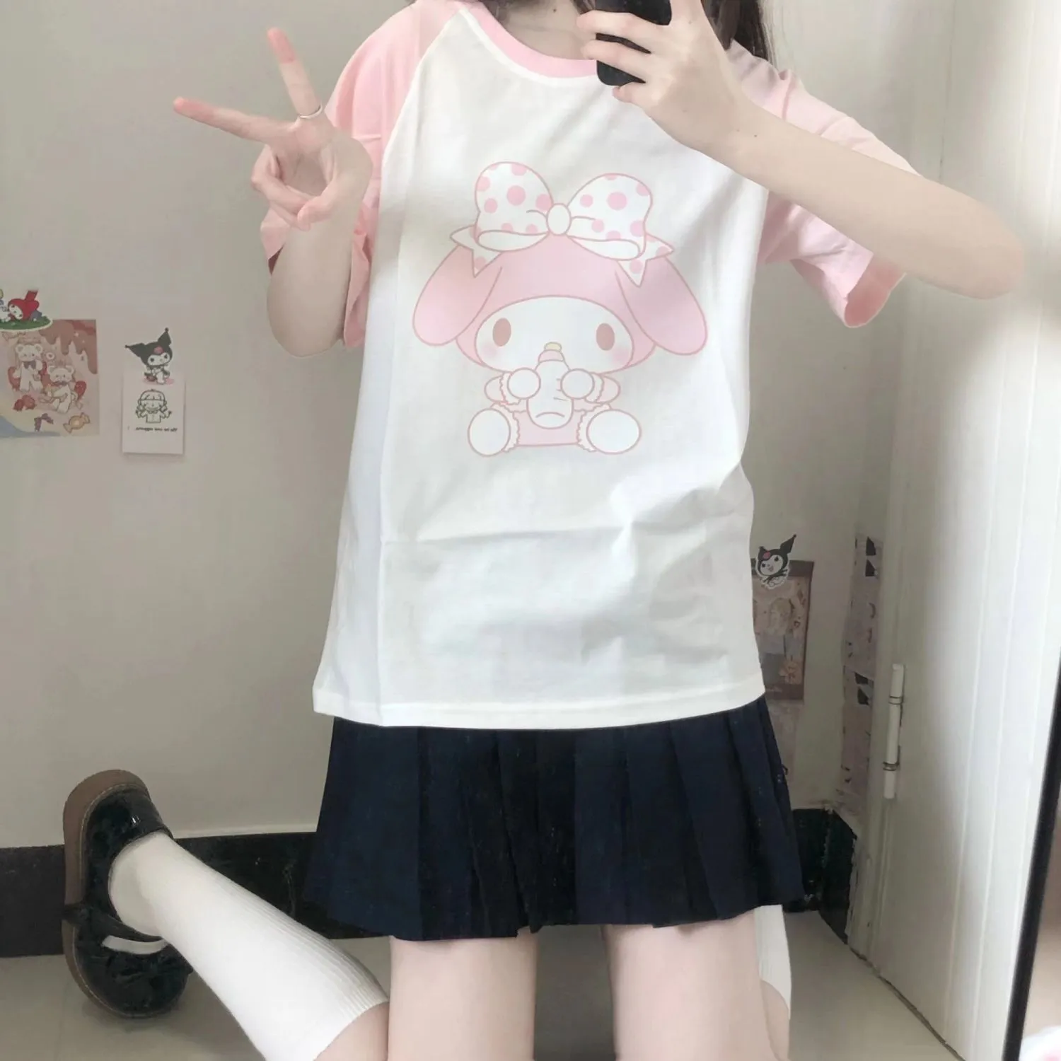 Sanrios Kawaii Anime My Melody Cute Cartoon Short sleeved T shirt Women Summer New Color Matching 2 - My Melody Plush