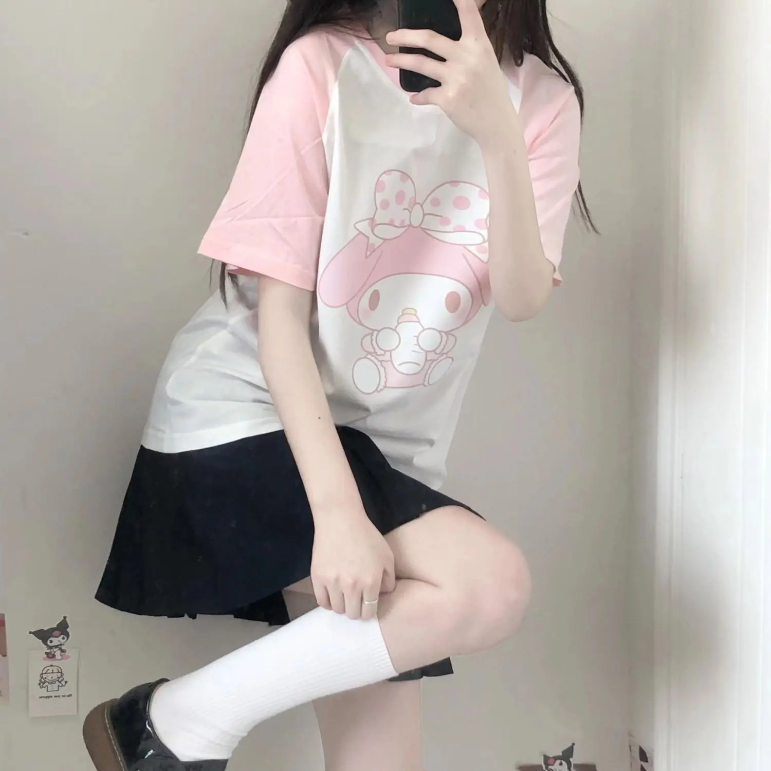 Sanrios Kawaii Anime My Melody Cute Cartoon Short sleeved T shirt Women Summer New Color Matching 3 - My Melody Plush