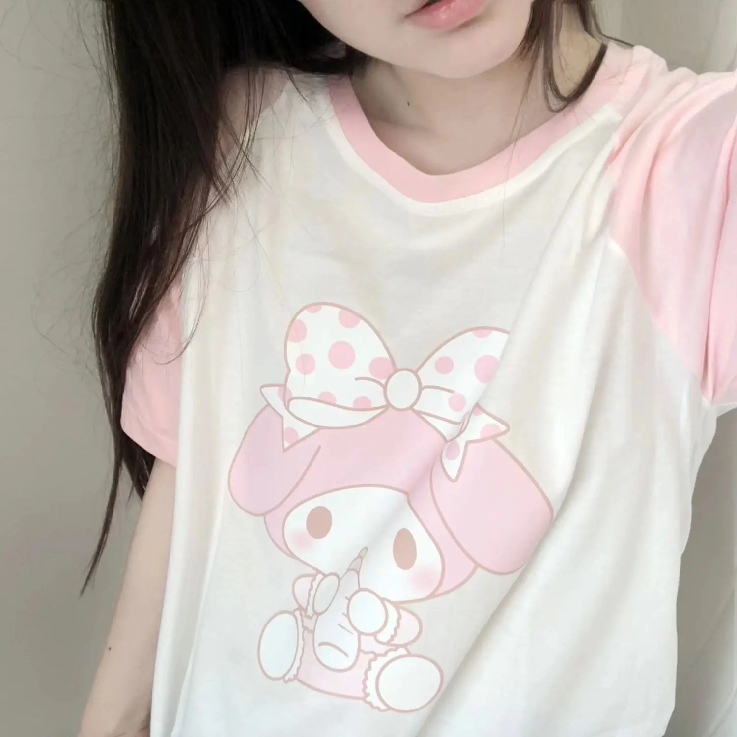 Sanrios Kawaii Anime My Melody Cute Cartoon Short sleeved T shirt Women Summer New Color Matching - My Melody Plush