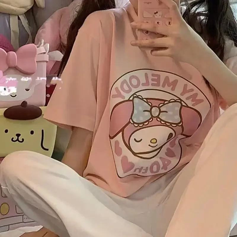 Summer Melody Print Kawaii Cute Girl Pink Short Sleeve T shirt Loose Preppy Style Oversize Soft 1 - My Melody Plush