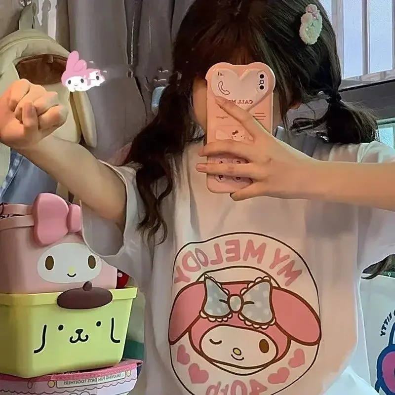 Summer Melody Print Kawaii Cute Girl Pink Short Sleeve T shirt Loose Preppy Style Oversize Soft 2 - My Melody Plush