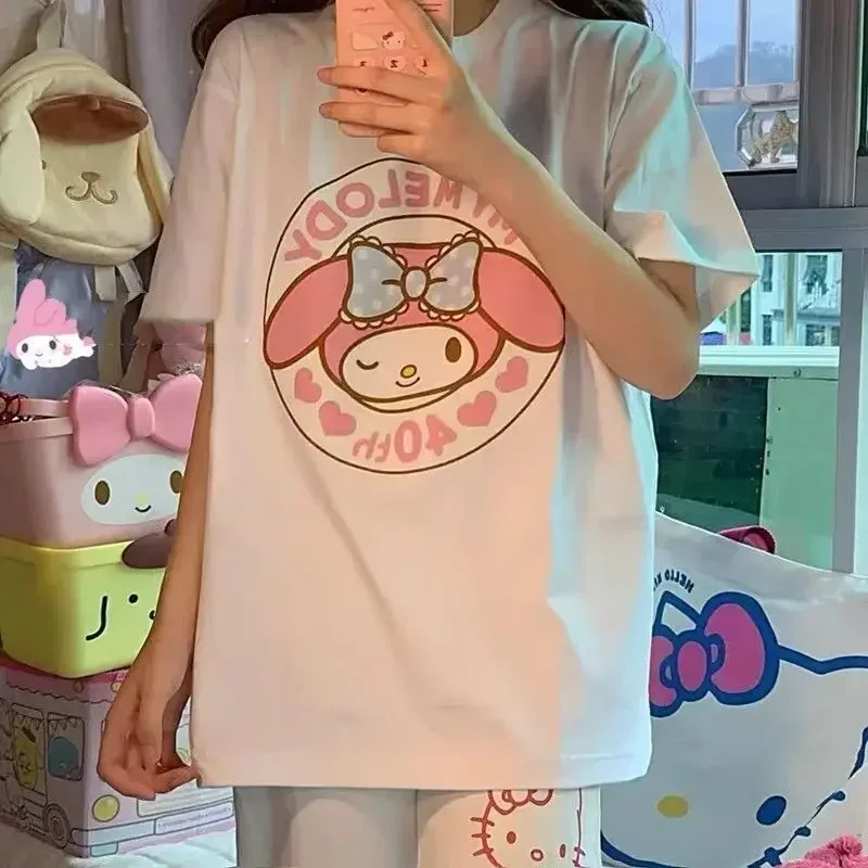 Summer Melody Print Kawaii Cute Girl Pink Short Sleeve T shirt Loose Preppy Style Oversize Soft 3 - My Melody Plush