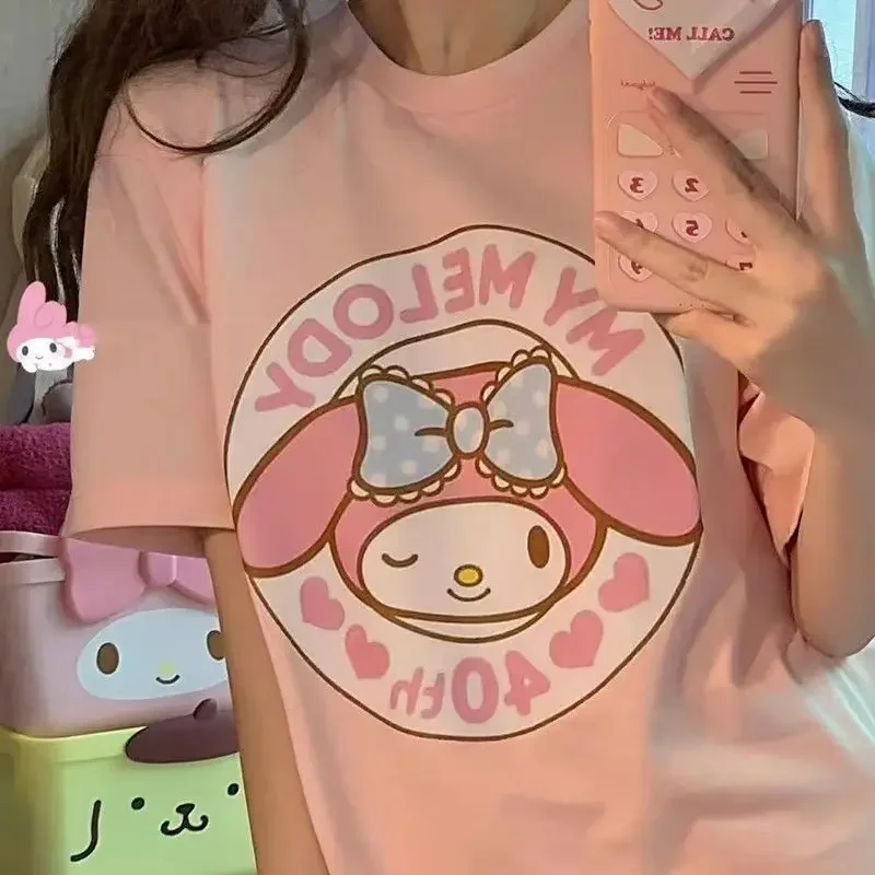 Summer Melody Print Kawaii Cute Girl Pink Short Sleeve T shirt Loose Preppy Style Oversize Soft - My Melody Plush